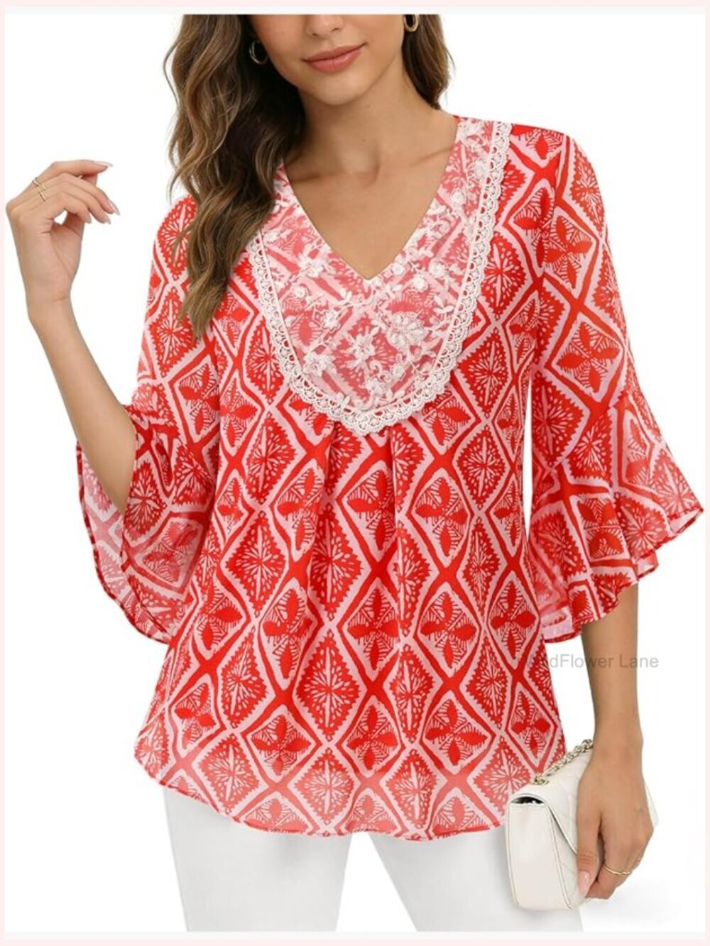 Womens Lightweight Summer Chiffon Blouse V Neck 3/4 Ruffle Sleeve Dressy Casual